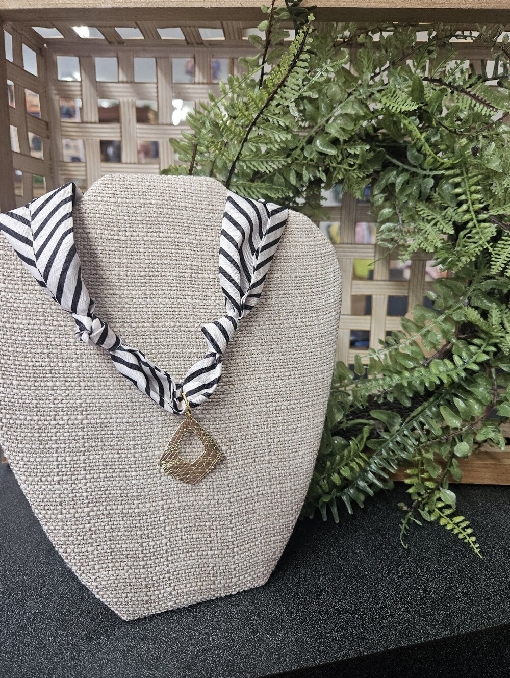 NWT Striped Black & White Scarf Necklace with Gold Pendant